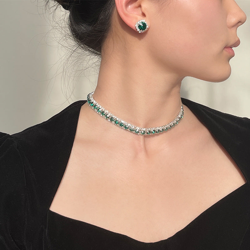 3-Piece Green Rhinestone Set: Minimalist Earrings and Necklace