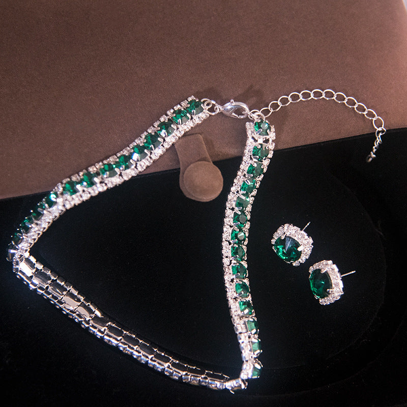 3-Piece Green Rhinestone Set: Minimalist Earrings and Necklace