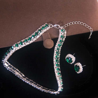 3-Piece Green Rhinestone Set: Minimalist Earrings and Necklace