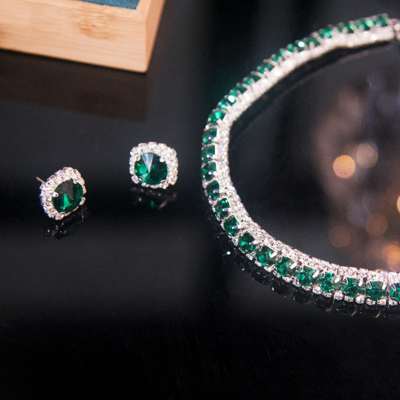 3-Piece Green Rhinestone Set: Minimalist Earrings and Necklace