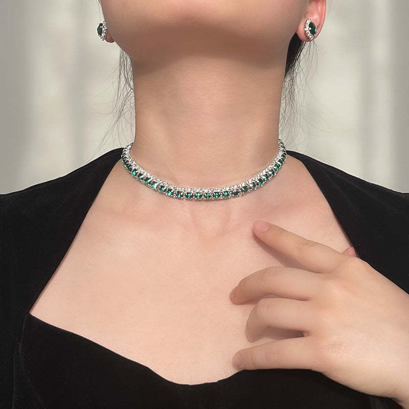 3-Piece Green Rhinestone Set: Minimalist Earrings and Necklace