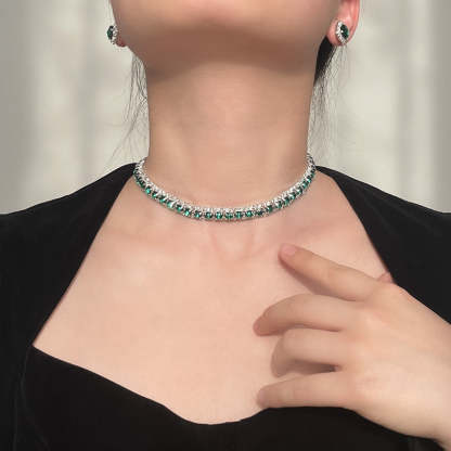 3-Piece Green Rhinestone Set: Minimalist Earrings and Necklace