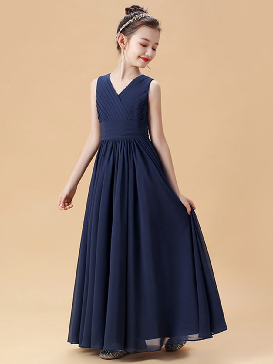 Sleeveless V-Neck Princess A-Line Junior Bridesmaid Dresses with Ruffles and Ruched Details