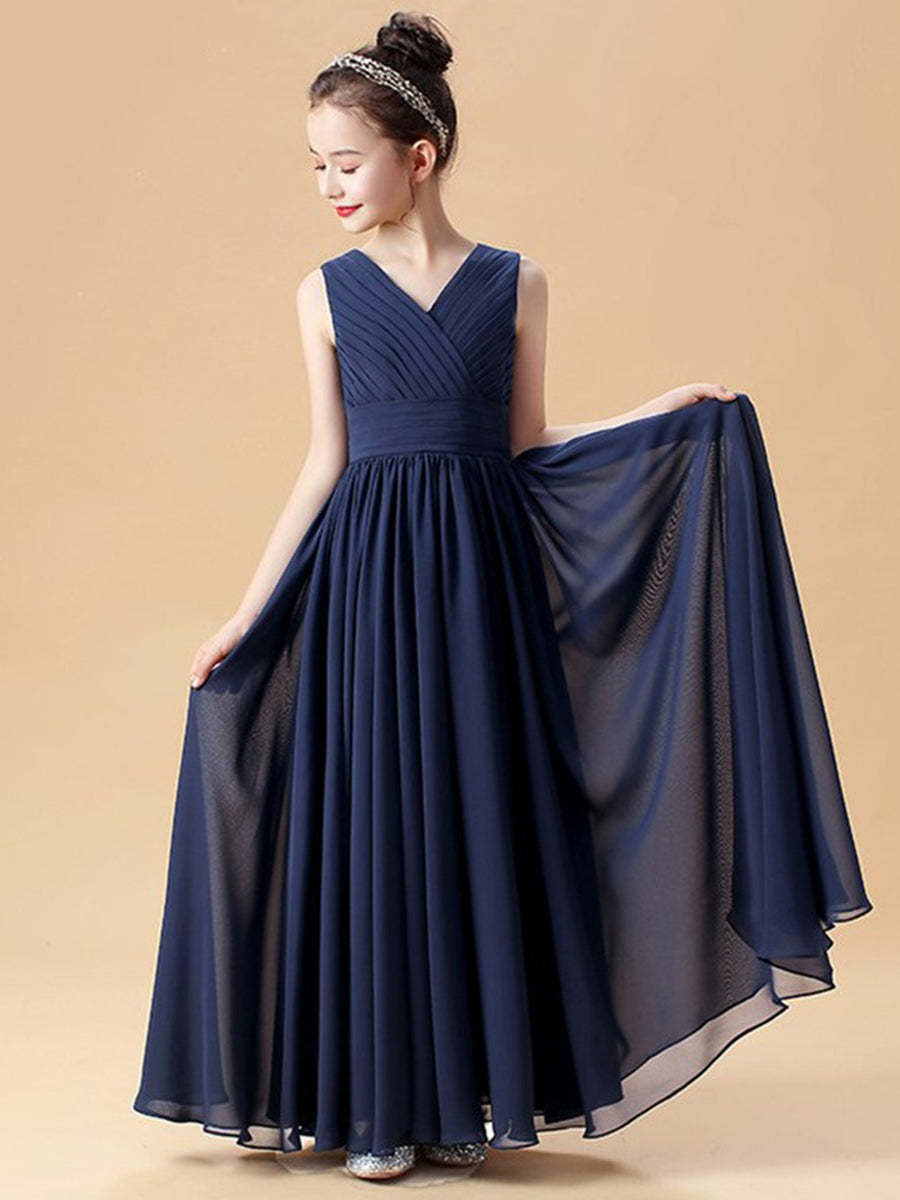 Sleeveless V-Neck Princess A-Line Junior Bridesmaid Dresses with Ruffles and Ruched Details