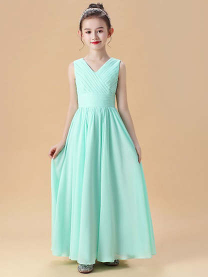 Sleeveless V-Neck Princess A-Line Junior Bridesmaid Dresses with Ruffles and Ruched Details