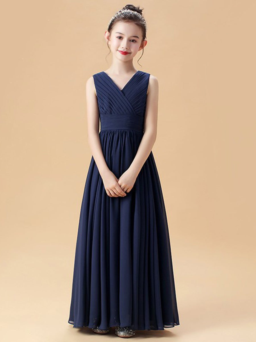 Sleeveless V-Neck Princess A-Line Junior Bridesmaid Dresses with Ruffles and Ruched Details