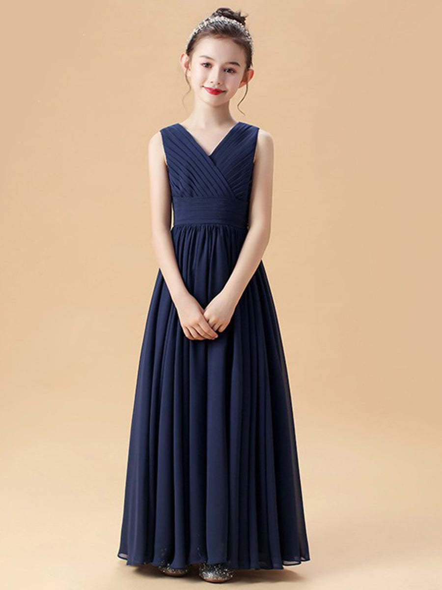 Sleeveless V-Neck Princess A-Line Junior Bridesmaid Dresses with Ruffles and Ruched Details