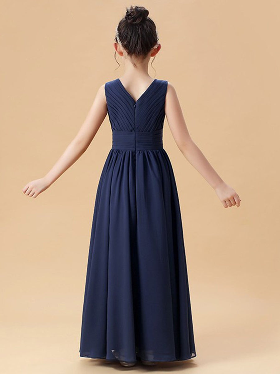 Sleeveless V-Neck Princess A-Line Junior Bridesmaid Dresses with Ruffles and Ruched Details