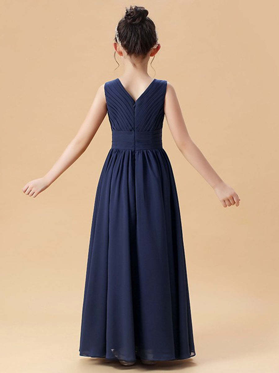 Sleeveless V-Neck Princess A-Line Junior Bridesmaid Dresses with Ruffles and Ruched Details