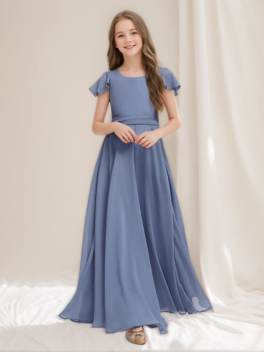 Square Neck Short-Sleeve A-Line Princess Junior Bridesmaid Dress with Ruffles