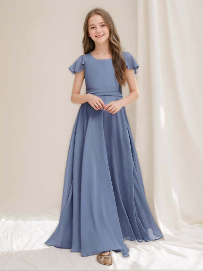 Square Neck Short-Sleeve A-Line Princess Junior Bridesmaid Dress with Ruffles