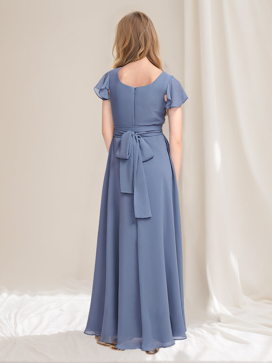 Square Neck Short-Sleeve A-Line Princess Junior Bridesmaid Dress with Ruffles