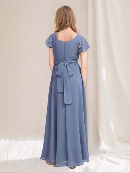 Square Neck Short-Sleeve A-Line Princess Junior Bridesmaid Dress with Ruffles