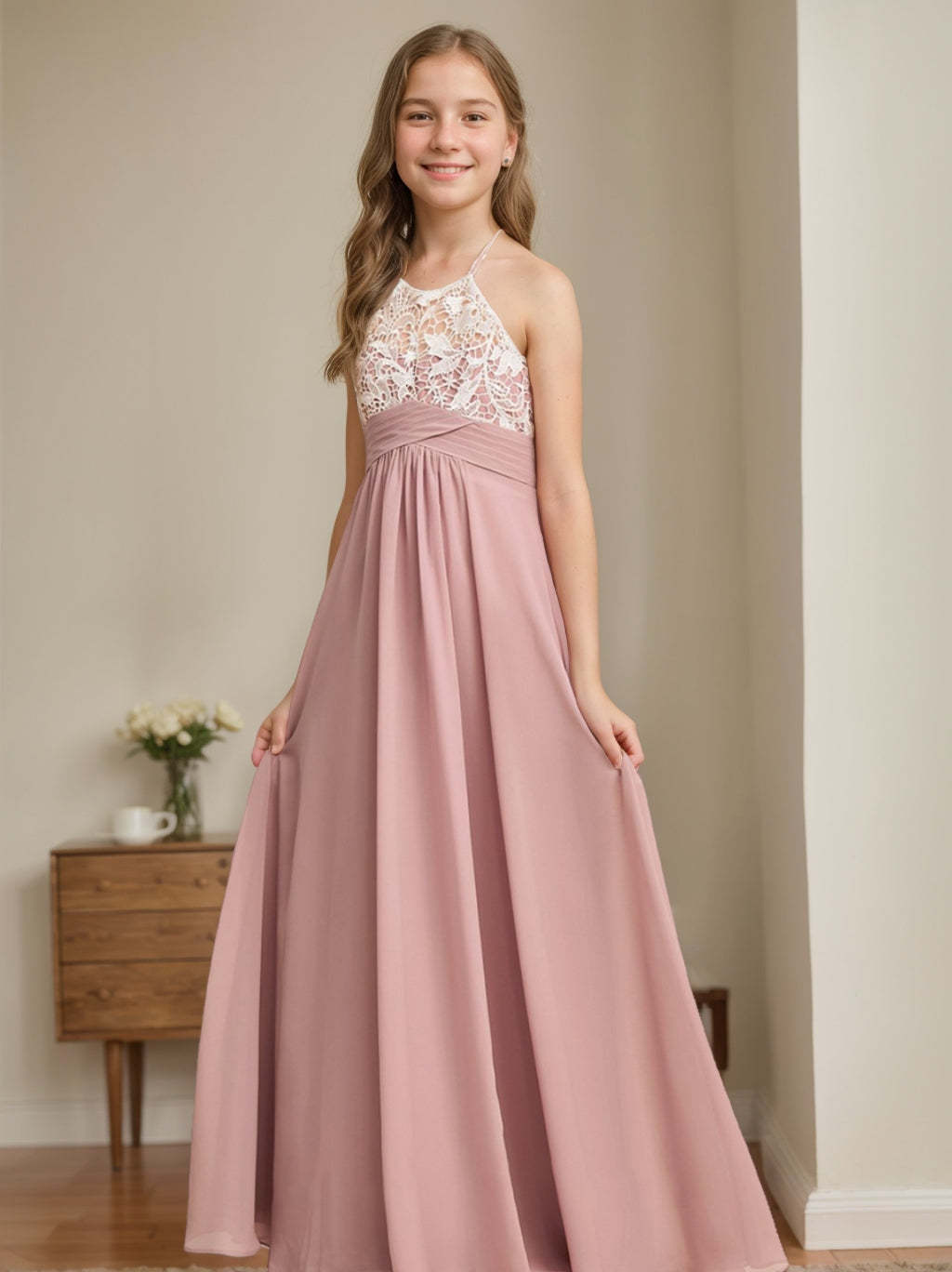 Junior Bridesmaid Princess A-Line Halter Dresses with Lace Sleeveless