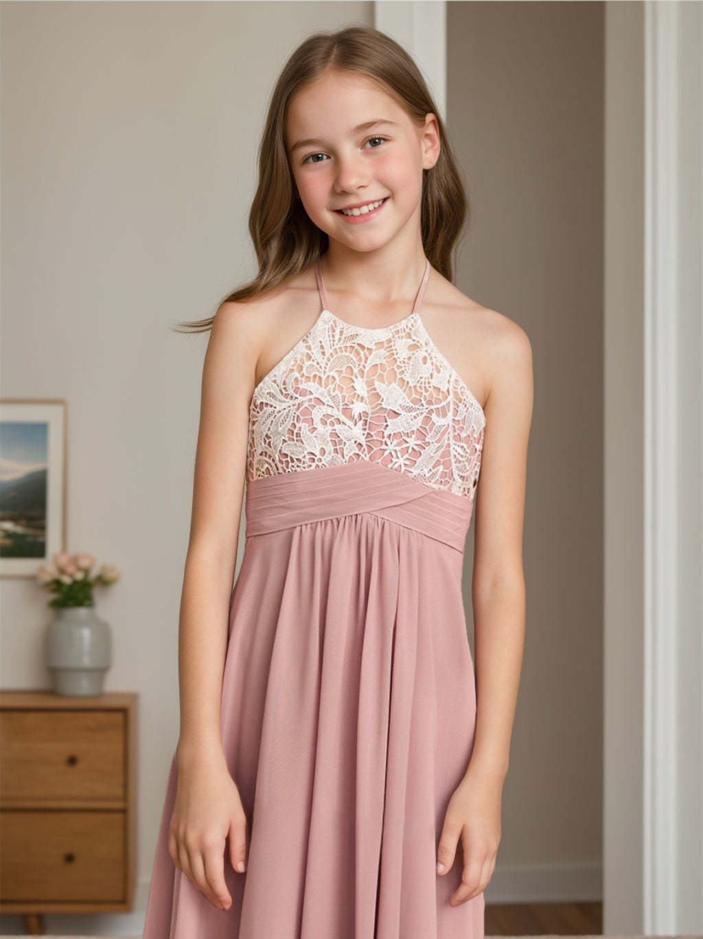 Junior Bridesmaid Princess A-Line Halter Dresses with Lace Sleeveless