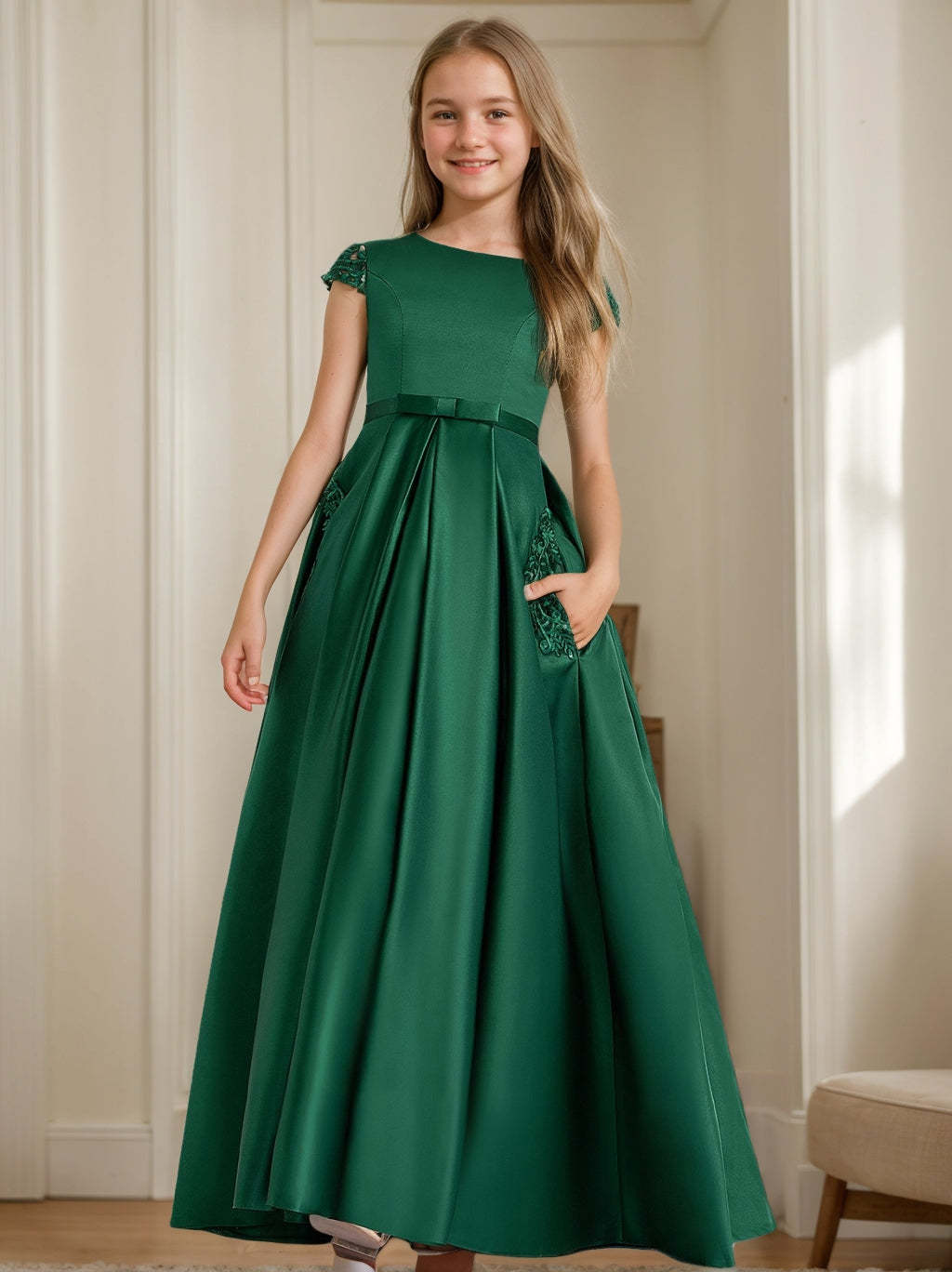 Short Sleeve Lace A-Line Princess Junior Bridesmaid Dresses with Appliques