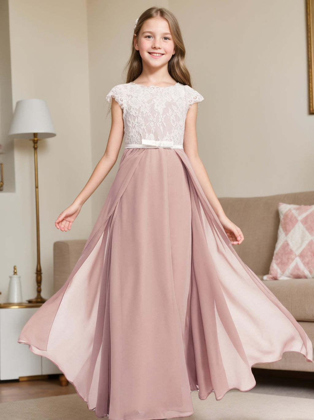 Short-Sleeve Lace A-Line Princess Junior Bridesmaid Dresses