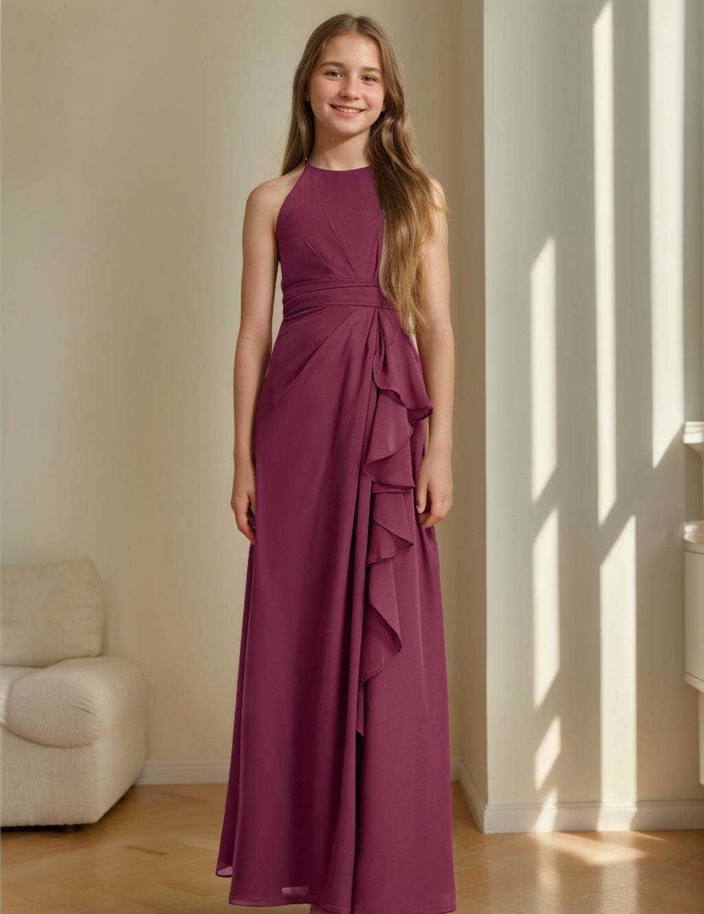 Junior Bridesmaid Princess A-Line Dress with Criss Cross Sleeveless Ruffles and Sash