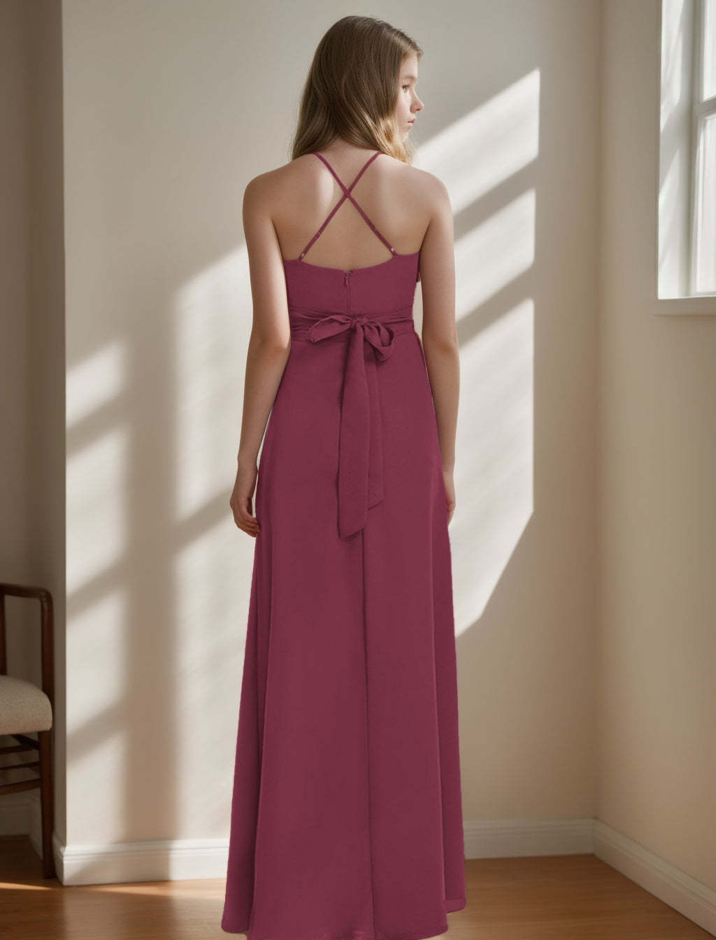 Junior Bridesmaid Princess A-Line Dress with Criss Cross Sleeveless Ruffles and Sash