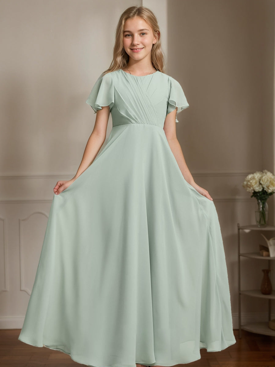 Short-Sleeve A-Line Princess Junior Bridesmaid Dresses with Pleated Details