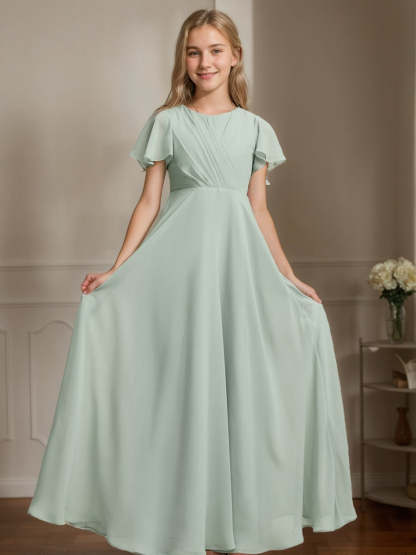 Short-Sleeve A-Line Princess Junior Bridesmaid Dresses with Pleated Details