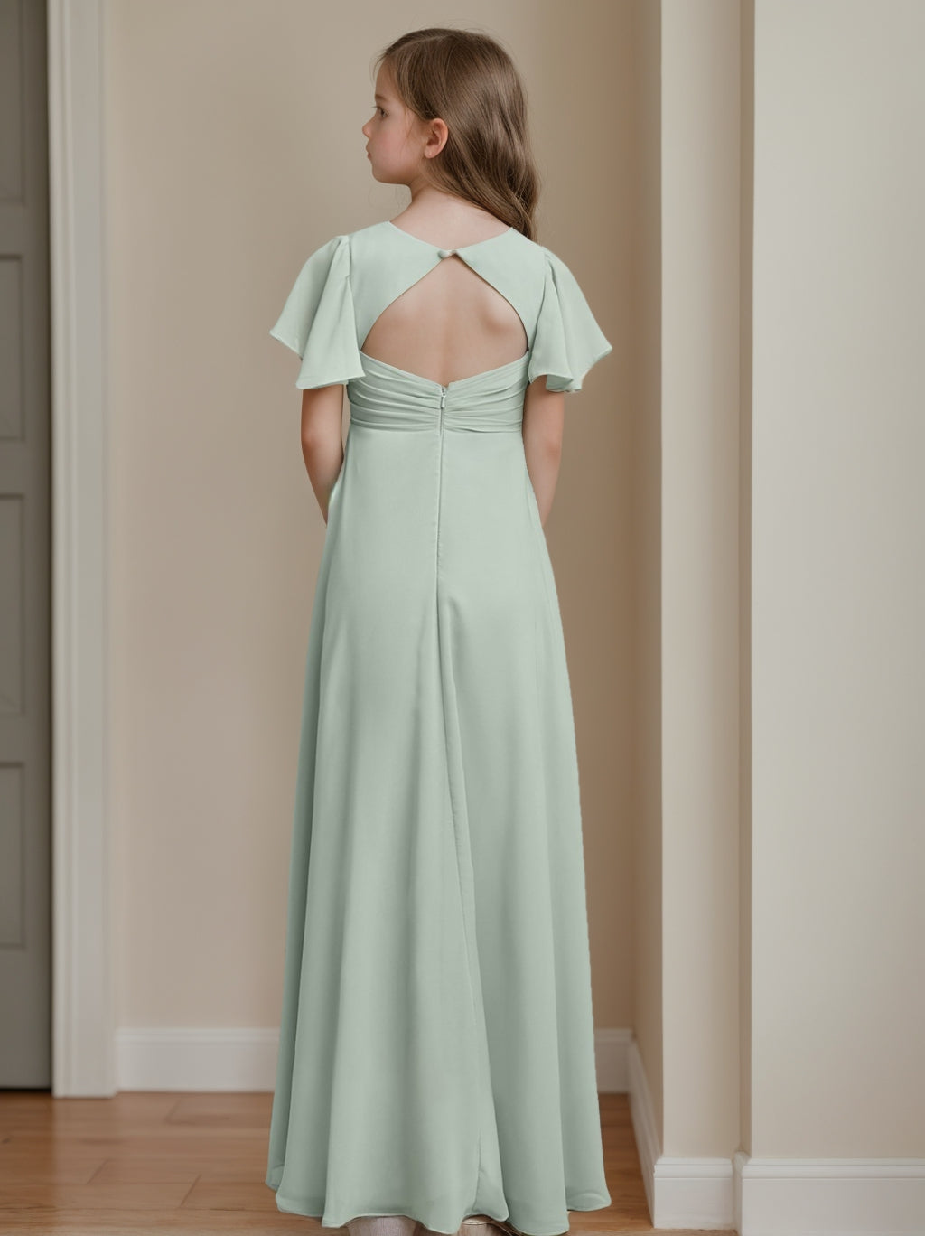 Short-Sleeve A-Line Princess Junior Bridesmaid Dresses with Pleated Details