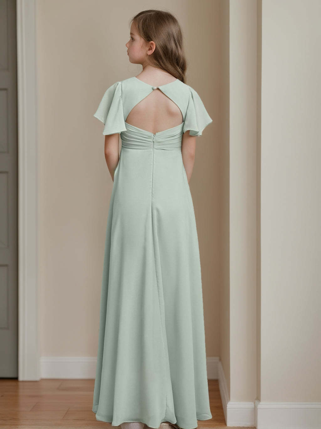 Short-Sleeve A-Line Princess Junior Bridesmaid Dresses with Pleated Details