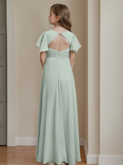 Short-Sleeve A-Line Princess Junior Bridesmaid Dresses with Pleated Details