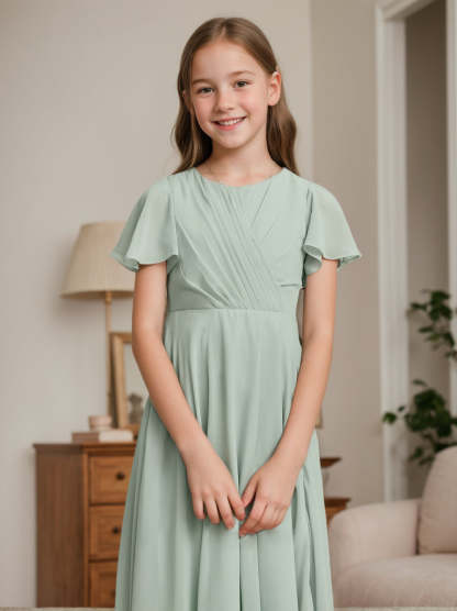 Short-Sleeve A-Line Princess Junior Bridesmaid Dresses with Pleated Details