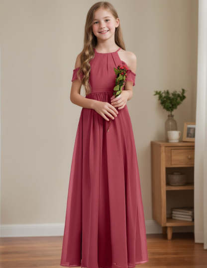 Off-the-Shoulder Pleated A-Line Junior Bridesmaid Dresses in Princess Style