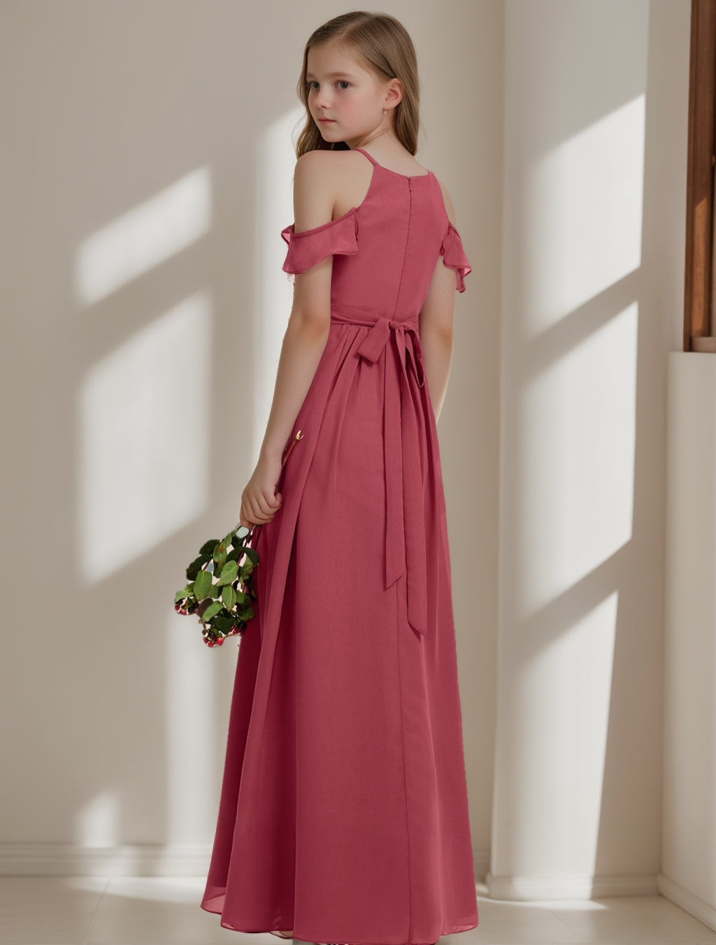 Off-the-Shoulder Pleated A-Line Junior Bridesmaid Dresses in Princess Style