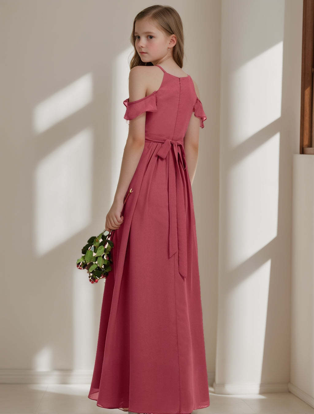 Off-the-Shoulder Pleated A-Line Junior Bridesmaid Dresses in Princess Style