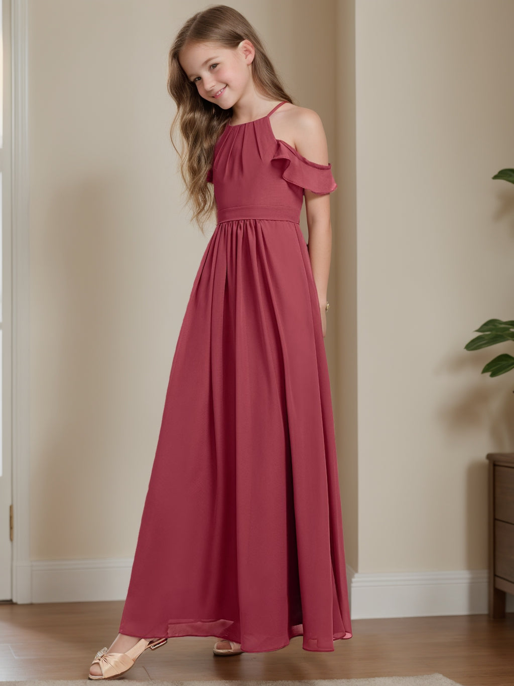 Off-the-Shoulder Pleated A-Line Junior Bridesmaid Dresses in Princess Style