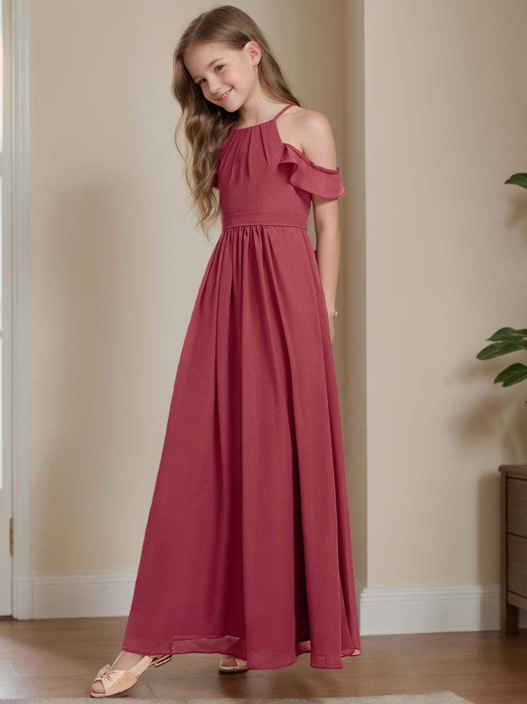 Off-the-Shoulder Pleated A-Line Junior Bridesmaid Dresses in Princess Style