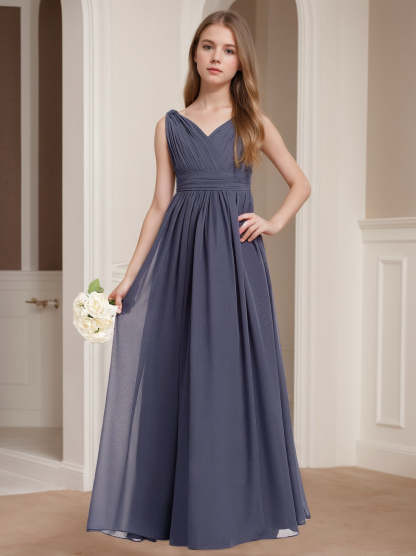V-Neck Sleeveless A-Line Princess bridesmaid dresses with pleats for junior girls