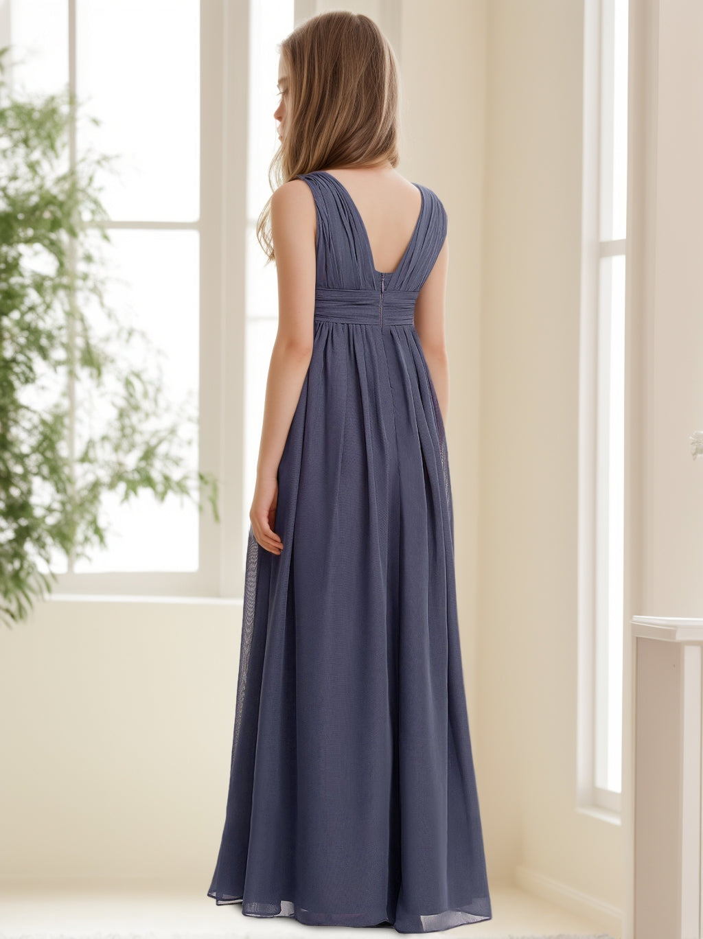 V-Neck Sleeveless A-Line Princess bridesmaid dresses with pleats for junior girls