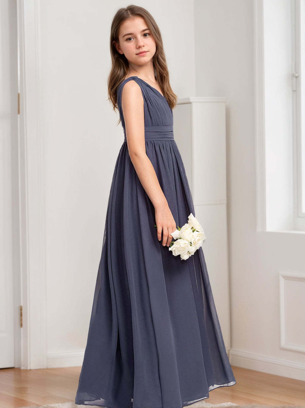 V-Neck Sleeveless A-Line Princess bridesmaid dresses with pleats for junior girls