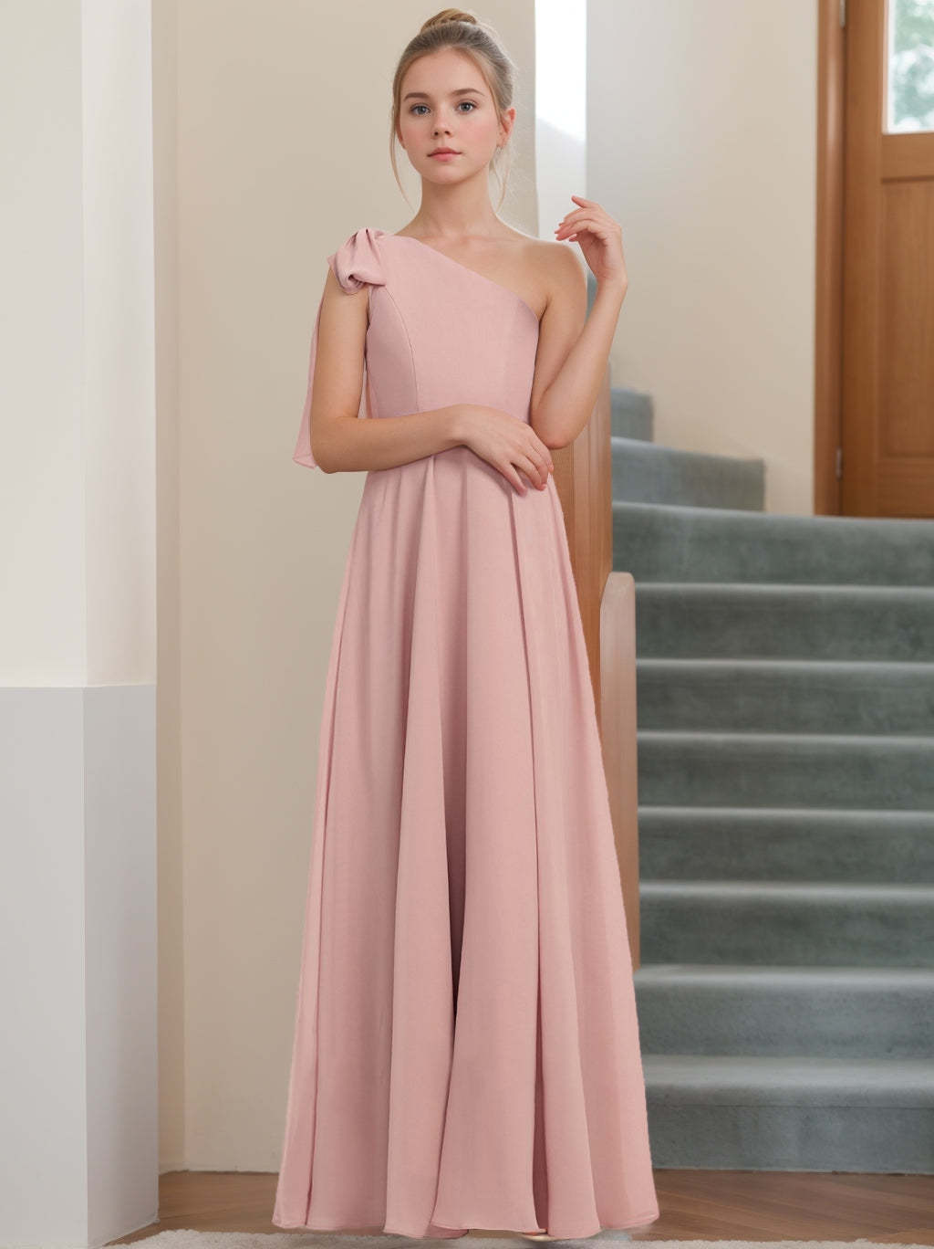 One-Shoulder Sleeveless A-Line Junior Bridesmaid Dress with Princess Bow