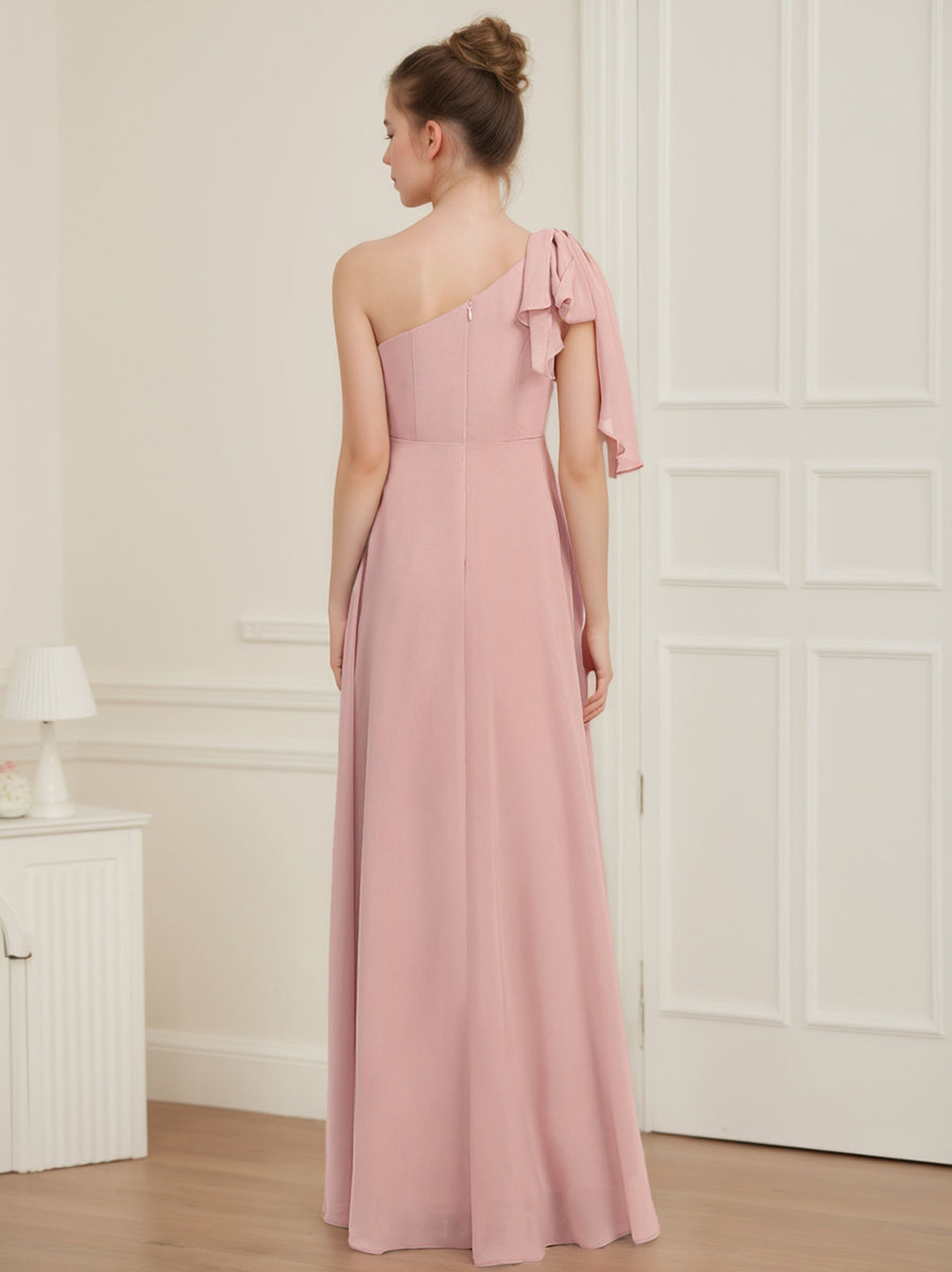 One-Shoulder Sleeveless A-Line Junior Bridesmaid Dress with Princess Bow