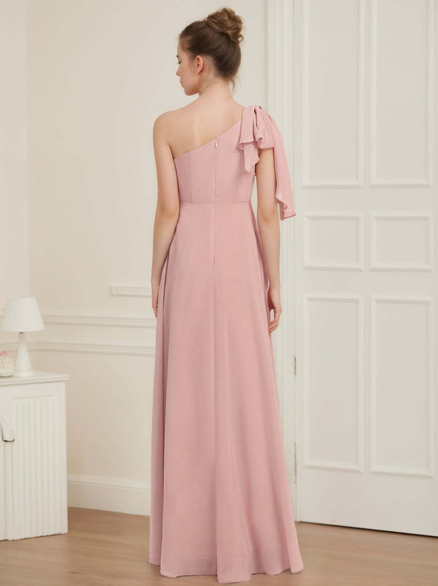 One-Shoulder Sleeveless A-Line Junior Bridesmaid Dress with Princess Bow