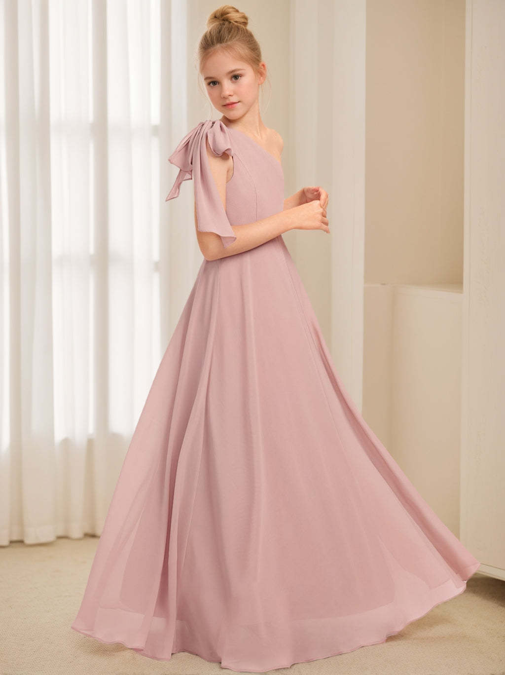 One-Shoulder Sleeveless A-Line Junior Bridesmaid Dress with Princess Bow