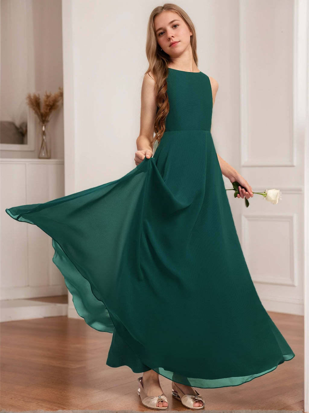 Junior Bridesmaid A-Line/Princess Dress with Round Neck and Sleeveless Ankle-Length Design