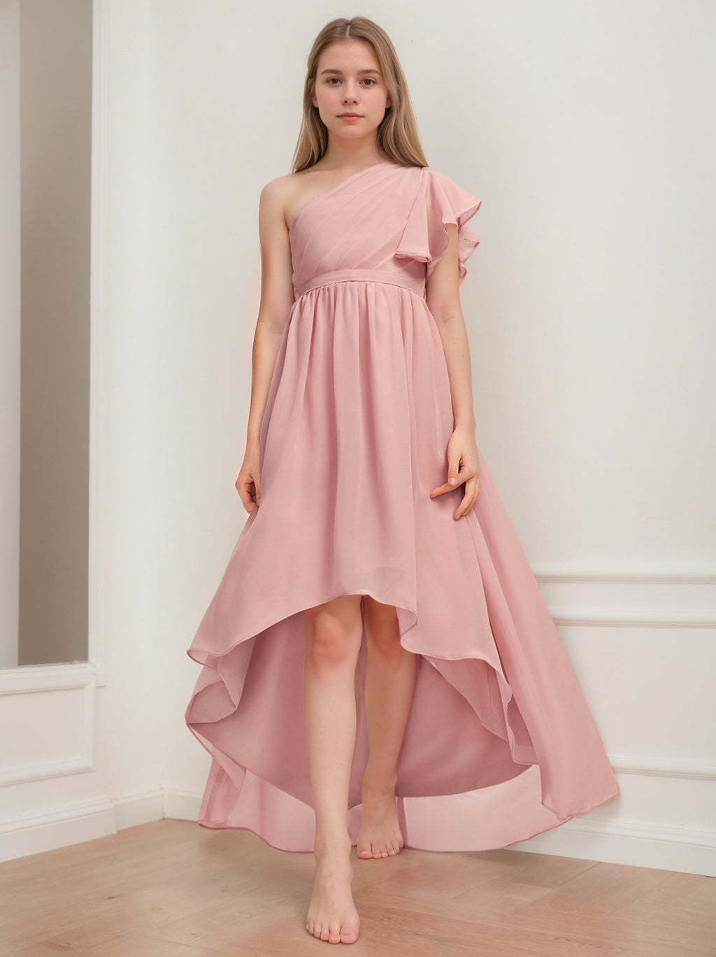 High Low Junior Bridesmaid Dresses with Sash One-Shoulder and Sleeveless