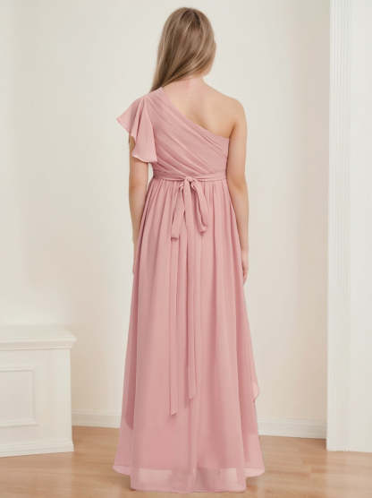 High Low Junior Bridesmaid Dresses with Sash One-Shoulder and Sleeveless