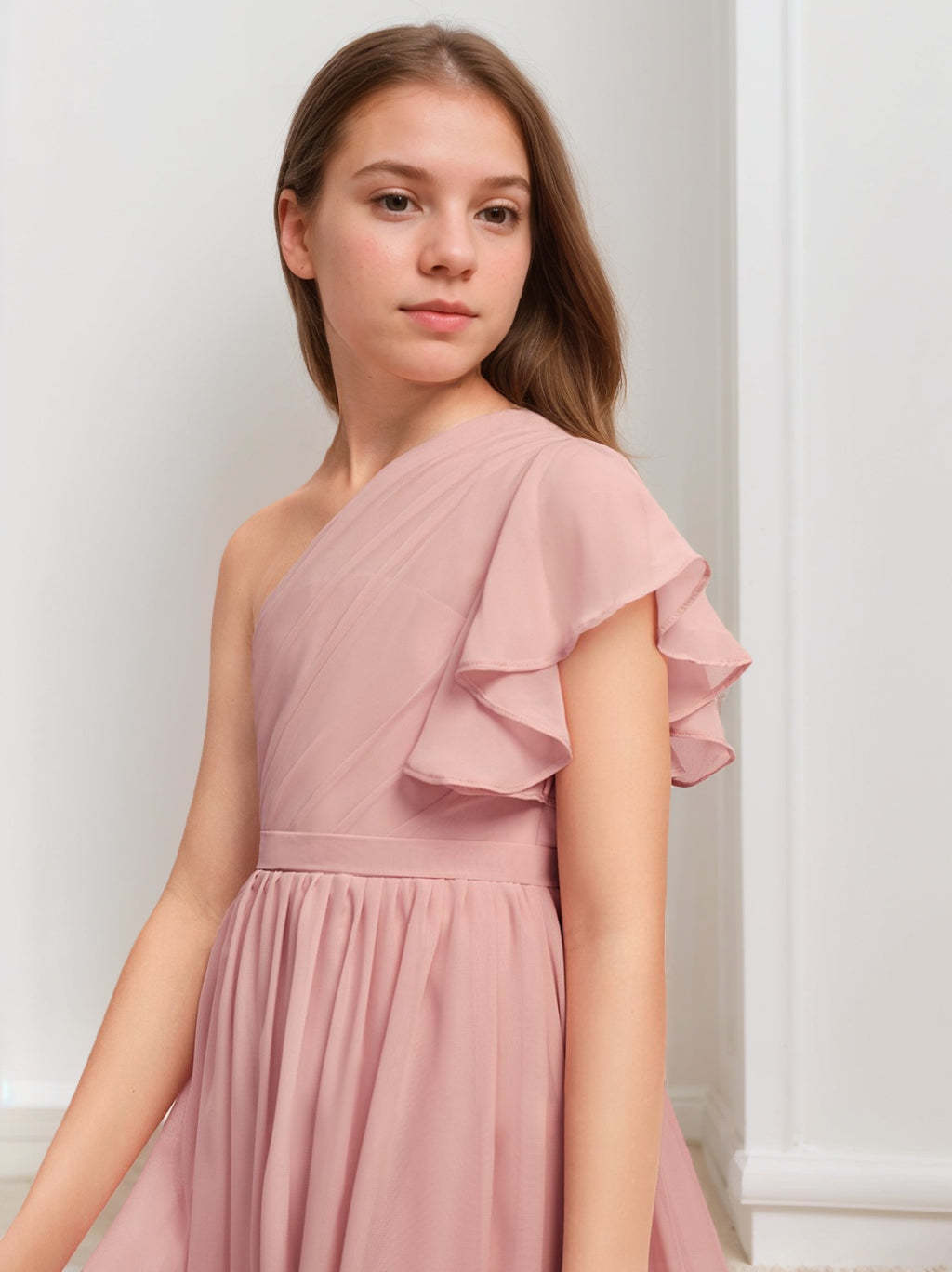 High Low Junior Bridesmaid Dresses with Sash One-Shoulder and Sleeveless