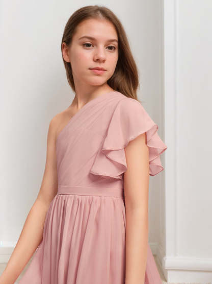 High Low Junior Bridesmaid Dresses with Sash One-Shoulder and Sleeveless