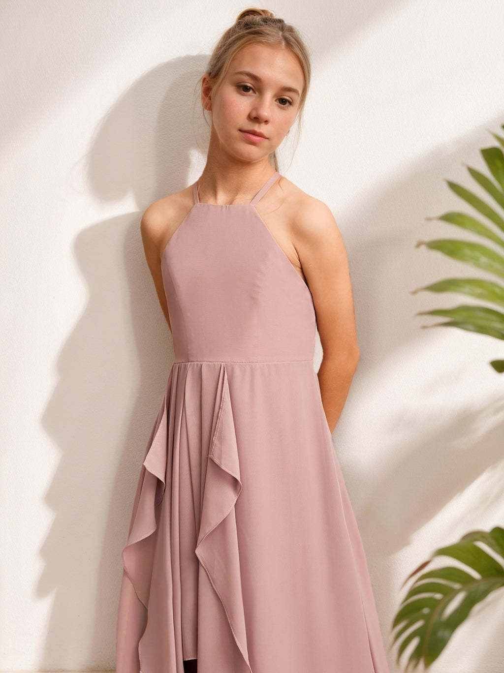 Halter Sleeveless Junior Bridesmaid A-Line/Princess Dresses with Ruffles