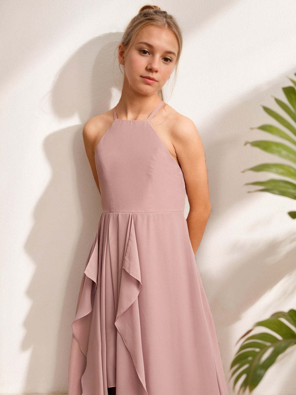 Halter Sleeveless Junior Bridesmaid A-Line/Princess Dresses with Ruffles