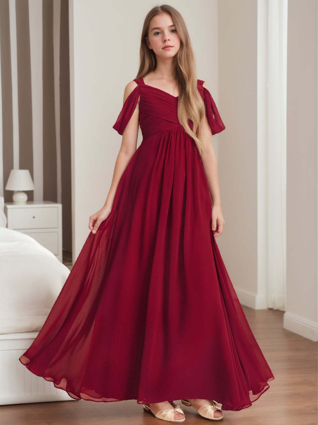 Princess A-Line Off-the-Shoulder Pleated Bridesmaid Dresses for Junior Girls