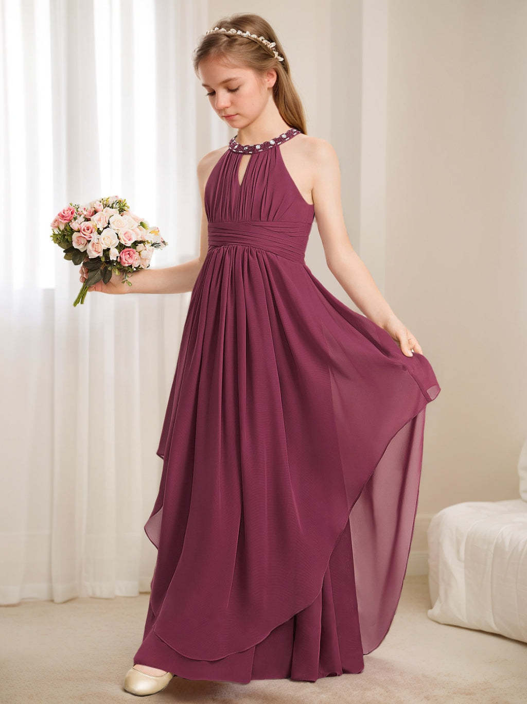 Junior Girl's Floor-Length A-Line Princess Halter Bridesmaid Dress with Beadings